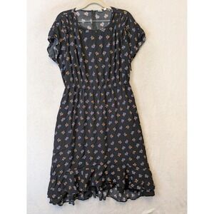 Gap Dress Women's L Black Floral Fit and Flare Pockets Ruffle Hem Short Sleeve